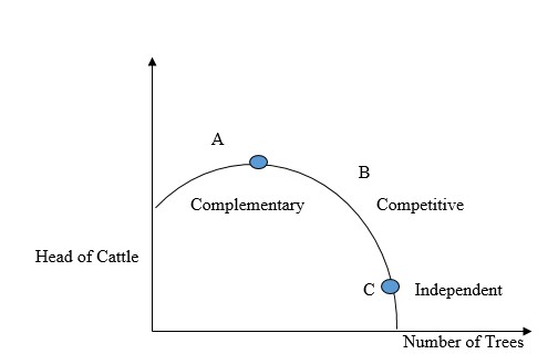 Figure 2. Production Possibility Frontier for cattle and trees