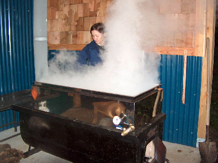 Volunteer working the evaporator at the Bigleaf Maple Festival o­n February 2, 2008. Photo courtesy of Gary Backlund.